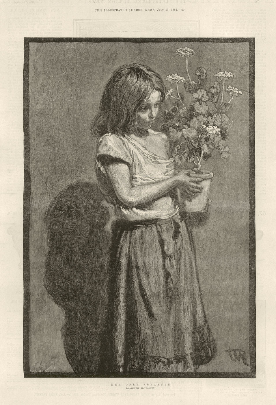 Her only treasure. Children. Plants 1884 old antique vintage print picture